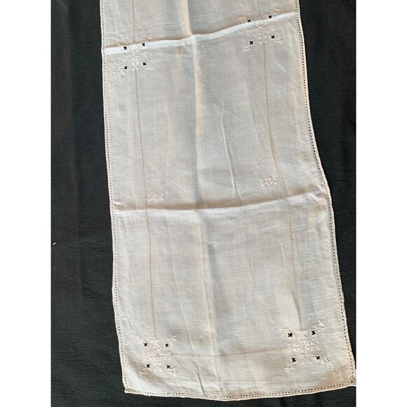 Vintage White Linen Table Runner with Embroidered Floral Details 15x48 - Picture 7 of 10
